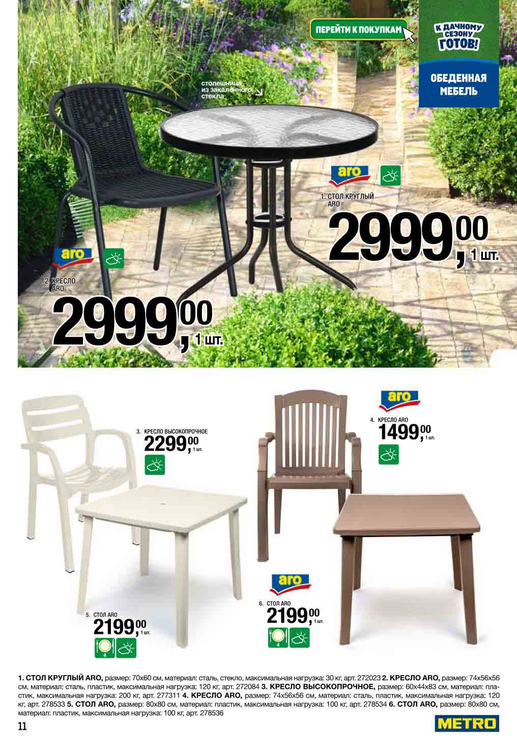  Столы ARO от 2 199₽, кресла от 1 499₽ | Акция METRO к дачному сезону. Круглые столы, пластиковые кресла. Максимальная нагрузка 200 кг. Выгодно!